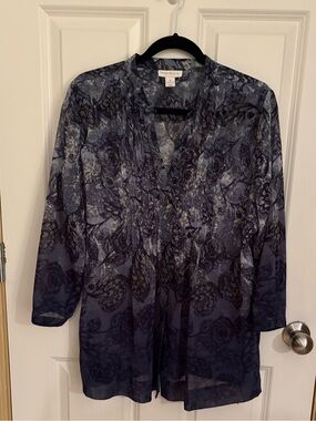 Charter Club Navy & Black Paisley Sheer V-Neck Top
